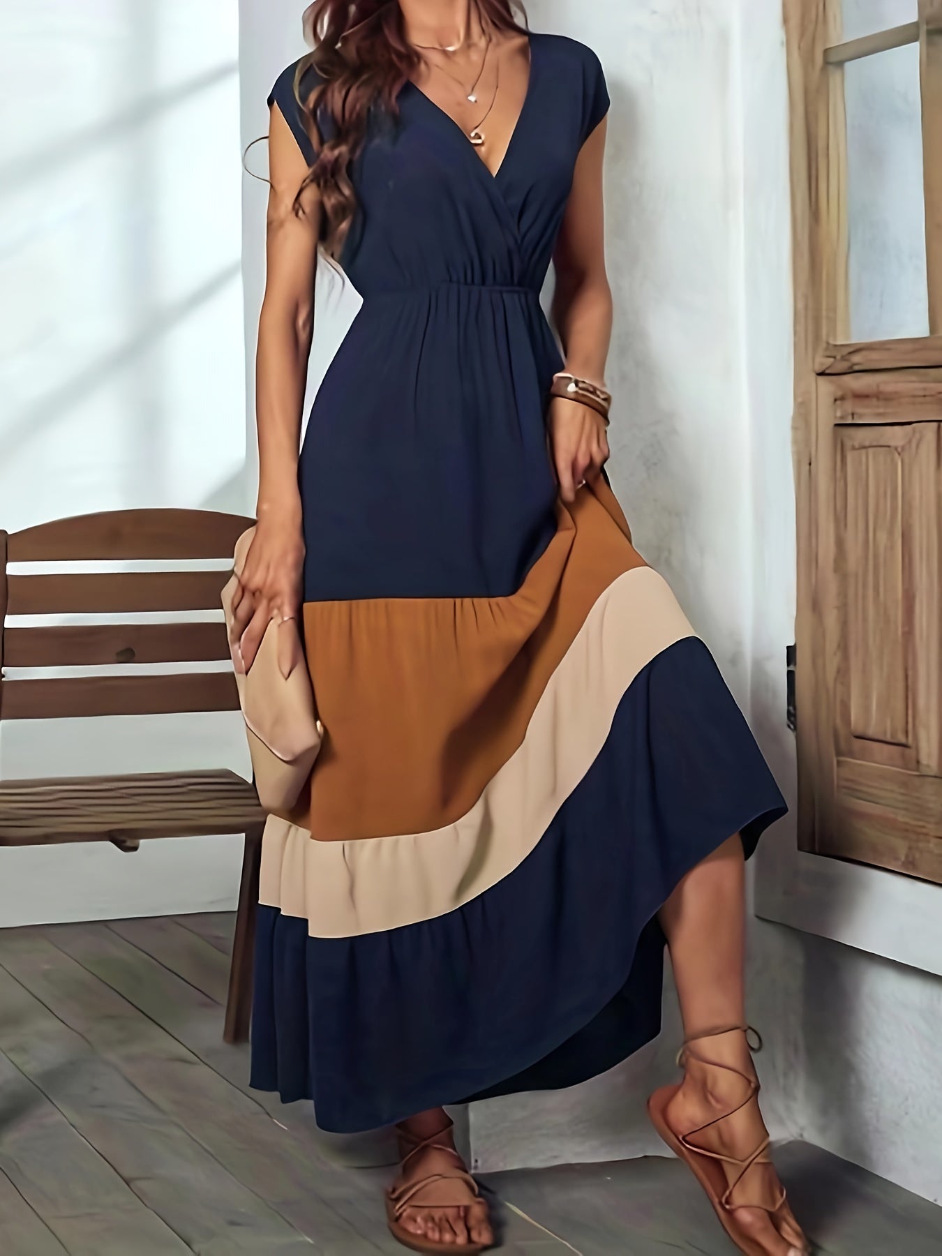 Vibrant Color Block Surplice Neck Maxi Dress - Elegant Sleeveless A-Line Silhouette, Micro Elasticity, Polyester Fabric, Solid Color, Summer Essential - Womens Elegant Clothing for Special Occasions